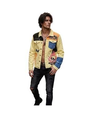 Genuine Authentic Yellow Denim Jacket Skull Fire Freezing Men's Small